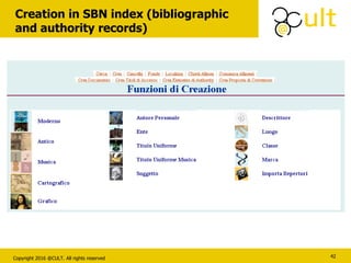 Copyright 2016 @CULT. All rights reserved
Creation in SBN index (bibliographic
and authority records)
42
 