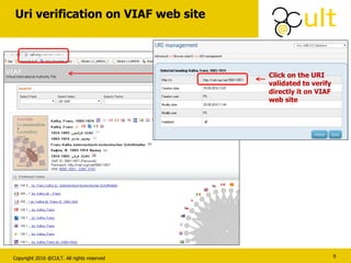 Copyright 2016 @CULT. All rights reserved
Uri verification on VIAF web site
9
Click on the URI
validated to verify
directly it on VIAF
web site
 