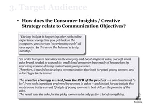 3. Target Audience
   How does the Consumer Insights / Creative
    Strategy relate to Communication Objectives?
  POSITI...