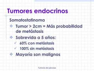 Tumores endocrinos Somatostatinoma Tumor > 2cm = Más probabilidad de metástasis Sobrevida a 5 años: 60% con metástasis 100% sin metástasis Mayoría son malignos 