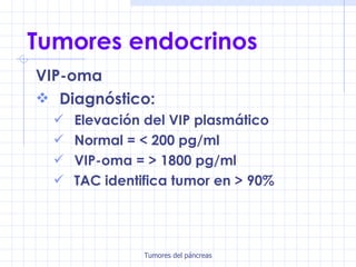 Tumores endocrinos VIP-oma Diagnóstico: Elevación del VIP plasmático Normal = < 200 pg/ml VIP-oma = > 1800 pg/ml TAC identifica tumor en > 90% 