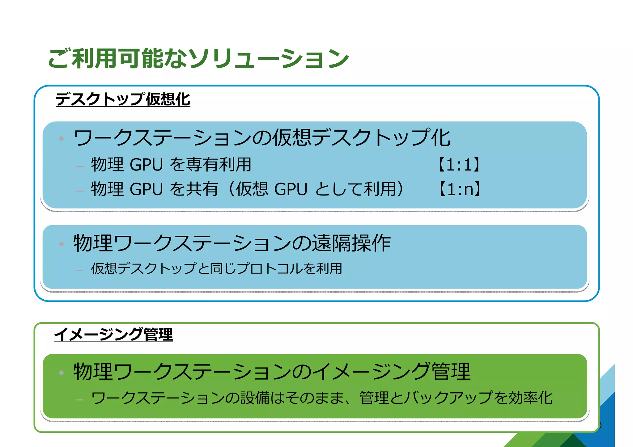 ご利⽤可能なソリューション
10
イメージング管理
デスクトップ仮想化
• ワークステーションの仮想デスクトップ化
– 物理 GPU を専有利⽤ 【1:1】
– 物理 GPU を共有（仮想 GPU として利⽤） 【1:n】
• 物理ワークステーションの遠隔操作
– 仮想デスクトップと同じプロトコルを利⽤
• 物理ワークステーションのイメージング管理
– ワークステーションの設備はそのまま、管理とバックアップを効率化
 