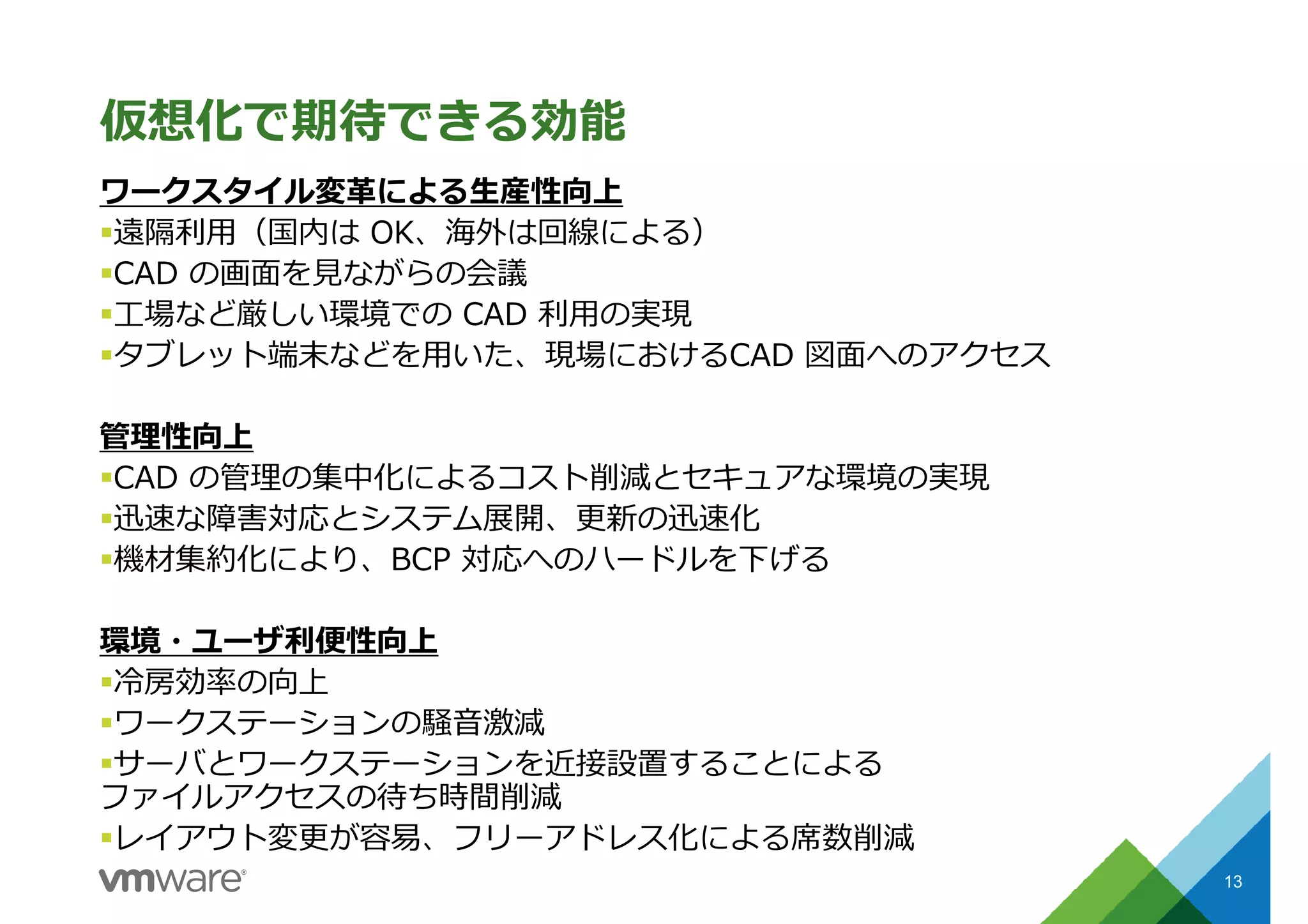 仮想化で期待できる効能
13
ワークスタイル変革による生産性向上
遠隔利⽤（国内は OK、海外は回線による）
CAD の画⾯を⾒ながらの会議
工場など厳しい環境での CAD 利⽤の実現
タブレット端末などを用いた、現場におけるCAD 図面へのアクセス
管理性向上
CAD の管理の集中化によるコスト削減とセキュアな環境の実現
迅速な障害対応とシステム展開、更新の迅速化
機材集約化により、BCP 対応へのハードルを下げる
環境・ユーザ利便性向上
冷房効率の向上
ワークステーションの騒音激減
サーバとワークステーションを近接設置することによる
ファイルアクセスの待ち時間削減
レイアウト変更が容易、フリーアドレス化による席数削減
 