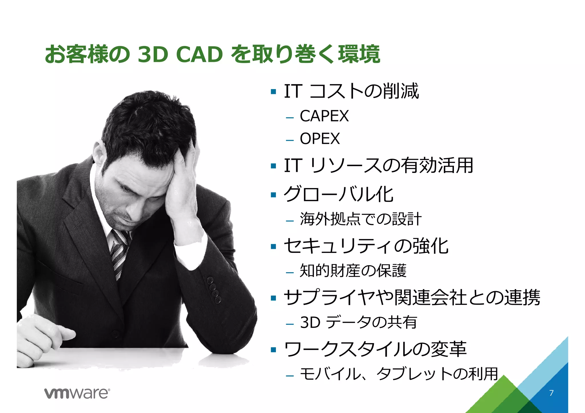 お客様の 3D CAD を取り巻く環境
IT コストの削減
– CAPEX
– OPEX
IT リソースの有効活用
グローバル化
– 海外拠点での設計
セキュリティの強化
– 知的財産の保護
サプライヤや関連会社との連携
– 3D データの共有
ワークスタイルの変革
– モバイル、タブレットの利⽤
7
 