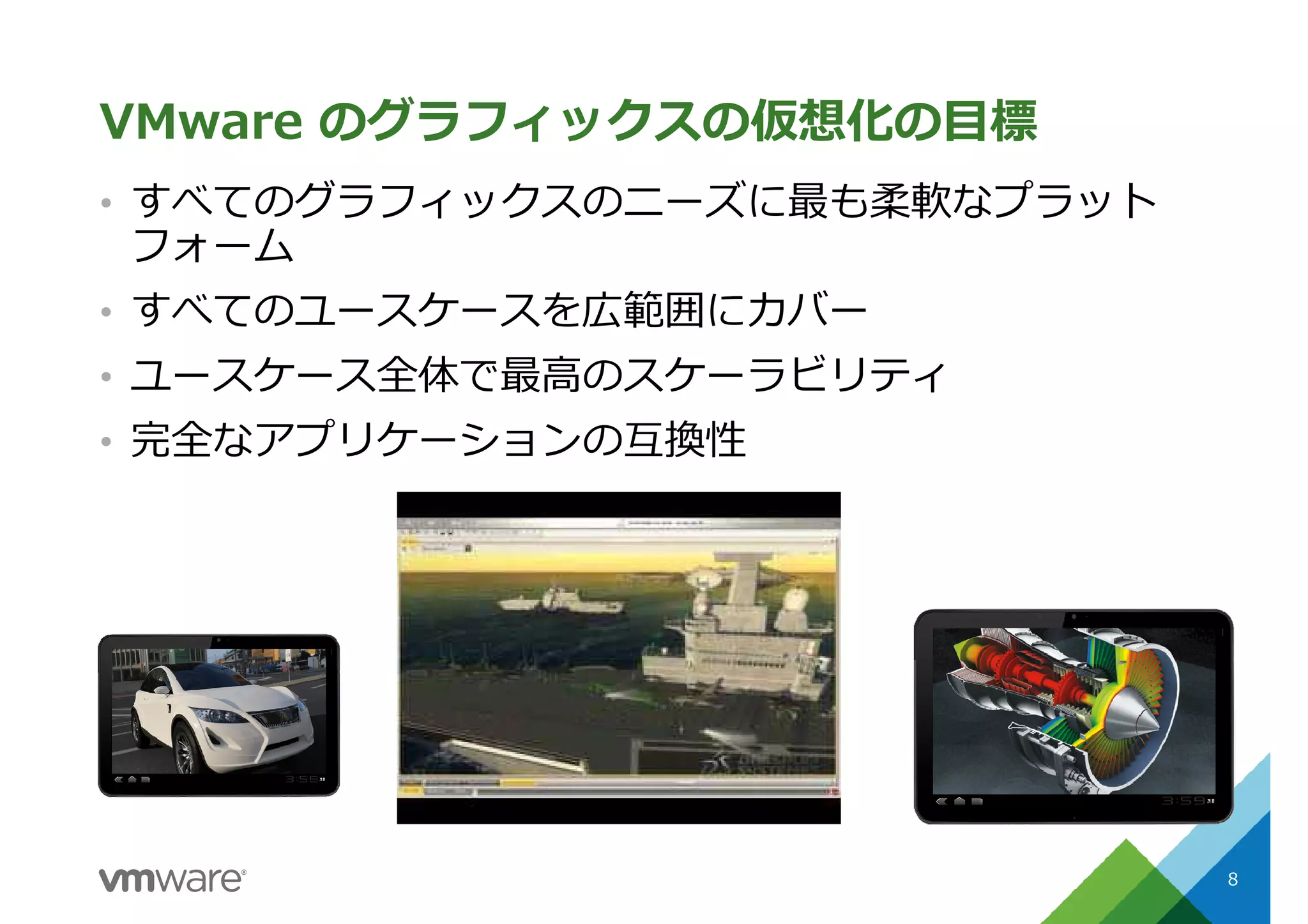 VMware のグラフィックスの仮想化の目標
• すべてのグラフィックスのニーズに最も柔軟なプラット
フォーム
• すべてのユースケースを広範囲にカバー
• ユースケース全体で最高のスケーラビリティ
• 完全なアプリケーションの互換性
8
 