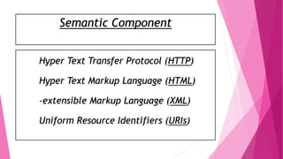 Semantic Component
Hyper Text Transfer Protocol (HTTP)
Hyper Text Markup Language (HTML)
-extensible Markup Language (XML)
Uniform Resource Identifiers (URIs)
 