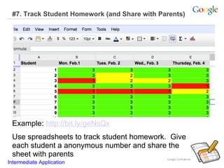#7. Track Student Homework (and Share with Parents) Example:  http://bit.ly/geNsQx Use spreadsheets to track student homework.  Give each student a anonymous number and share the sheet with parents Intermediate Application      