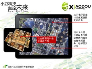 3D的电子沙盘
                     将具备更强视
                     觉冲击力




                     用户入住后，
                     还可以点击周
     点击楼房可以查         边商店和服务
     看详细户型           设施享受服
                     务，与邻居交
                     流等

小朋友：猫头鹰在找老鼠，你帮帮它吧。



    企业产品定制手册
 