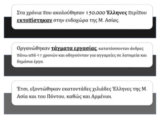 Στα χρόνια που ακολούθησαν 150.000 Έλληνες περίπου
εκτοπίστηκαν στην ενδοχώρα της Μ. Ασίας.
Οργανώθηκαν τάγματα εργασίας, κατατάσσονταν άνδρες
πάνω από 45 χρονών και οδηγούνταν για αγγαρείες σε λατομεία και
δημόσια έργα.
Έτσι, εξοντώθηκαν εκατοντάδες χιλιάδες Έλληνες της Μ.
Ασία και του Πόντου, καθώς και Αρμένιοι.
 