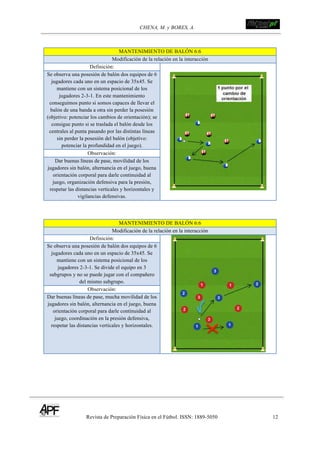 CHENA, M. y BORES, A. !
Revista de Preparación Física en el Fútbol. ISSN: 1889-5050 12
!
MANTENIMIENTO DE BALÓN 6:6
Modificación de la relación en la interacción
Definición:
Se observa una posesión de balón dos equipos de 6
jugadores cada uno en un espacio de 35x45. Se
mantiene con un sistema posicional de los
jugadores 2-3-1. En este mantenimiento
conseguimos punto si somos capaces de llevar el
balón de una banda a otra sin perder la posesión
(objetivo: potenciar los cambios de orientación); se
consigue punto si se traslada el balón desde los
centrales al punta pasando por las distintas líneas
sin perder la posesión del balón (objetivo:
potenciar la profundidad en el juego).
Observación:
Dar buenas líneas de pase, movilidad de los
jugadores sin balón, alternancia en el juego, buena
orientación corporal para darle continuidad al
juego, organización defensiva para la presión,
respetar las distancias verticales y horizontales y
vigilancias defensivas.
MANTENIMIENTO DE BALÓN 6:6
Modificación de la relación en la interacción
Definición:
Se observa una posesión de balón dos equipos de 6
jugadores cada uno en un espacio de 35x45. Se
mantiene con un sistema posicional de los
jugadores 2-3-1. Se divide el equipo en 3
subgrupos y no se puede jugar con el compañero
del mismo subgrupo.
Observación:
Dar buenas líneas de pase, mucha movilidad de los
jugadores sin balón, alternancia en el juego, buena
orientación corporal para darle continuidad al
juego, coordinación en la presión defensiva,
respetar las distancias verticales y horizontales.
!
 