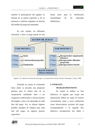 CASÁIS, L. y FERNÁNDEZ, F.
Revista de Preparación Física en el Fútbol. ISSN: 1889-5050 23
!
!
analizar la participación del jugador en
función de su puesto específico y de su
presencia o subroles asignados en función
del modelo de juego del entrenador.
En este sentido, los diferentes
momentos o fases el juego puede ser una
buena pista para la clasificación
metodológica de las demandas
futbolísticas.
!
ACCION DE JUEGO
FASE OFENSIVA FASE DEFENSIVA
- 1ª Fase:
- 2ª Fase:
- 3ª Fase:
Inicio
Construcción/progresión
Finalización
Recuperación/ organización
defensiva
Recuperación/ dificultar
progresión
Recuperación/evitación
- 1ª Fase:
- 2ª Fase:
- 3ª Fase:
BALON PARADO
Ofensivo-Defensivo
!
Figura 5. Los diferentes momentos del juego y sus intenciones tácticas (Casáis, Dominguez y Lago, 2009)
!
Teniendo en cuenta lo comentado
hasta ahora se presenta una propuesta
práctica para la última fase de su
recuperación atendiendo tanto a las
exigencias condicionales y técnico-tácticas
del jugador, como a las demandas en cada
fase del juego. Así, se ofrecen algunos
posibles ejemplos de trabajos para cada
fase del juego, en algunos puestos
específicos.
LATERALES :
TRABAJO DEFENSIVO
En cuanto al trabajo en fase
defensiva, el jugador que ocupa esta
demarcación deberá ser capaz de realizar
correctamente tanto a nivel condicional
como técnico-táctico acciones del juego
correspondientes a la segunda fase
defensiva (recuperación del balón o
 