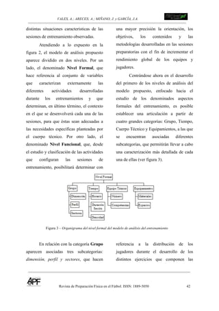 VALES, A.; ARECES; A.; MIÑANO, J. y GARCÍA, J.A.!!!!!!!!!!!!!!!!!!!!!!!!!! !
Revista de Preparación Física en el Fútbol. ISSN: 1889-5050 42
!
distintas situaciones características de las
sesiones de entrenamiento observadas.
Atendiendo a lo expuesto en la
figura 2, el modelo de análisis propuesto
aparece dividido en dos niveles. Por un
lado, el denominado Nivel Formal, que
hace referencia al conjunto de variables
que caracterizan externamente las
diferentes actividades desarrolladas
durante los entrenamientos y que
determinan, en último término, el contexto
en el que se desenvolverá cada una de las
sesiones, para que éstas sean adecuadas a
las necesidades específicas planteadas por
el cuerpo técnico. Por otro lado, el
denominado Nivel Funcional, que, desde
el estudio y clasificación de las actividades
que configuran las sesiones de
entrenamiento, posibilitará determinar con
una mayor precisión la orientación, los
objetivos, los contenidos y las
metodologías desarrolladas en las sesiones
preparatorias con el fin de incrementar el
rendimiento global de los equipos y
jugadores.
Centrándose ahora en el desarrollo
del primero de los niveles de análisis del
modelo propuesto, enfocado hacia el
estudio de los denominados aspectos
formales del entrenamiento, es posible
establecer una articulación a partir de
cuatro grandes categorías: Grupo, Tiempo,
Cuerpo Técnico y Equipamientos, a las que
se encuentran asociadas diferentes
subcategorías, que permitirán llevar a cabo
una caracterización más detallada de cada
una de ellas (ver figura 3).
Figura 3 – Organigrama del nivel formal del modelo de análisis del entrenamiento
En relación con la categoría Grupo
aparecen asociadas tres subcategorías:
dimensión, perfil y sectores, que hacen
referencia a la distribución de los
jugadores durante el desarrollo de los
distintos ejercicios que componen las
 
