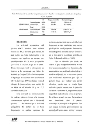ALVAREZ, J.
Revista de Preparación Física en el Fútbol. ISSN: 1889-5050 78
!
Tabla 5. Contraste de la actividad competitiva del portero de futbol a nivel defensivo entre la fase de liguilla y
la fase de grupos
!
!
DISCUSIÓN
La actividad competitiva del
portero (ACP) muestra unos valores
medios de 44,23 acciones por partido, lo
que indica una baja participación si se
compara con jugadores de campo, que
participan entre 80-120 veces por partido
(Di Salvo et al.2007, Lago et al 2009).
Dicha frecuencia total e intervención es
inferior a lo encontrado por Sainz de
Baranda y Ortega (2002) dónde comparan
la tipología de acciones entre el Mundial
98 y la Eurocopa 2000 mostrando como el
número de intervenciones por partido de
un 48,06 en el Mundial 98 y un 57,2
durante la Euro 2000.
Esta actividad es prioritariamente
de carácter ofensivo, frente a la premisa
contraintuitiva esperada para el puesto del
portero. Se entiende que la actividad
competitiva del portero no se basa
únicamente en realizar acciones de
evitación, aunque esta sea su actividad más
importante a nivel cualitativo, sino que su
participación en el juego está fuertemente
marcada por las acciones de tipo ofensivo,
en la línea con lo encontrado también por
Sainz de Baranda y Ortega (2002).
Esto se entiende que puede ser
debido a que, independientemente de que
tras las acciones defensivas el portero debe
estar sujeto a una acción ofensiva (iniciar o
reiniciar el juego), no es necesario que se
den situaciones defensivas para que el
portero tenga que realizar una acción
ofensiva, puesto que su propia línea
defensiva puede hacerse con la posesión
del balón y comenzar el juego ofensivo con
seguridad, mediante una cesión al portero.
En el juego actual, con más frecuencia se
está observando cómo el portero
contribuye a participar en la primera fase
del ataque mediante procedimientos de
control del juego (pases cortos y seguros
 