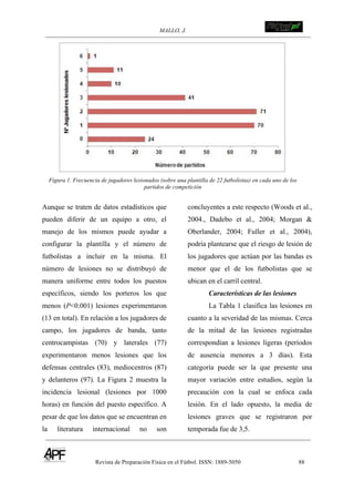 MALLO, J. ! !!!!!!!!!!!!!!!!!!!!!!!!!!!
Revista de Preparación Física en el Fútbol. ISSN: 1889-5050 88
!
Figura 1. Frecuencia de jugadores lesionados (sobre una plantilla de 22 futbolistas) en cada uno de los
partidos de competición
Aunque se traten de datos estadísticos que
pueden diferir de un equipo a otro, el
manejo de los mismos puede ayudar a
configurar la plantilla y el número de
futbolistas a incluir en la misma. El
número de lesiones no se distribuyó de
manera uniforme entre todos los puestos
específicos, siendo los porteros los que
menos (P<0.001) lesiones experimentaron
(13 en total). En relación a los jugadores de
campo, los jugadores de banda, tanto
centrocampistas (70) y laterales (77)
experimentaron menos lesiones que los
defensas centrales (83), mediocentros (87)
y delanteros (97). La Figura 2 muestra la
incidencia lesional (lesiones por 1000
horas) en función del puesto específico. A
pesar de que los datos que se encuentran en
la literatura internacional no son
concluyentes a este respecto (Woods et al.,
2004., Dadebo et al., 2004; Morgan &
Oberlander, 2004; Fuller et al., 2004),
podría plantearse que el riesgo de lesión de
los jugadores que actúan por las bandas es
menor que el de los futbolistas que se
ubican en el carril central.
Características de las lesiones
La Tabla 1 clasifica las lesiones en
cuanto a la severidad de las mismas. Cerca
de la mitad de las lesiones registradas
correspondían a lesiones ligeras (períodos
de ausencia menores a 3 días). Esta
categoría puede ser la que presente una
mayor variación entre estudios, según la
precaución con la cual se enfoca cada
lesión. En el lado opuesto, la media de
lesiones graves que se registraron por
temporada fue de 3,5.
 
