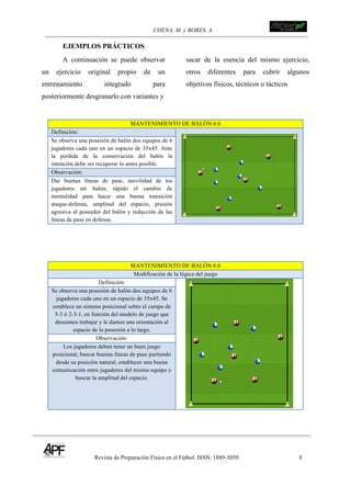 CHENA, M. y BORES, A. !
Revista de Preparación Física en el Fútbol. ISSN: 1889-5050 8
!
EJEMPLOS PRÁCTICOS
A continuación se puede observar
un ejercicio original propio de un
entrenamiento integrado para
posteriormente desgranarlo con variantes y
sacar de la esencia del mismo ejercicio,
otros diferentes para cubrir algunos
objetivos físicos, técnicos o tácticos
MANTENIMIENTO DE BALÓN 6:6
Definición:
Se observa una posesión de balón dos equipos de 6
jugadores cada uno en un espacio de 35x45. Ante
la perdida de la conservación del balón la
intención debe ser recuperar lo antes posible.
Observación:
Dar buenas líneas de pase, movilidad de los
jugadores sin balón, rápido el cambio de
mentalidad para hacer una buena transición
ataque-defensa, amplitud del espacio, presión
agresiva al poseedor del balón y reducción de las
líneas de pase en defensa.
MANTENIMIENTO DE BALÓN 6:6
Modificación de la lógica del juego
Definición:
Se observa una posesión de balón dos equipos de 6
jugadores cada uno en un espacio de 35x45. Se
establece un sistema posicional sobre el campo de
3-3 ó 2-3-1, en función del modelo de juego que
deseemos trabajar y le damos una orientación al
espacio de la posesión a lo largo.
Observación:
Los jugadores deben tener un buen juego
posicional, buscar buenas líneas de pase partiendo
desde su posición natural, establecer una buena
comunicación entre jugadores del mismo equipo y
buscar la amplitud del espacio.
 
