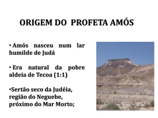 ORIGEM DO PROFETA AMÓS
• Amós nasceu num lar
humilde de Judá
• Era natural da pobre
aldeia de Tecoa (1:1)
•Sertão seco da Judéia,
região do Neguebe,
próximo do Mar Morto;
 