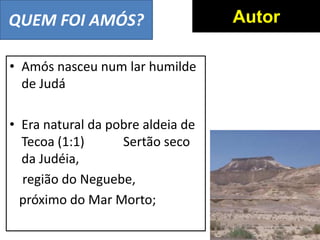 QUEM FOI AMÓS?
• Amós nasceu num lar humilde
de Judá
• Era natural da pobre aldeia de
Tecoa (1:1) Sertão seco
da Judéia,
região do Neguebe,
próximo do Mar Morto;
Autor
 