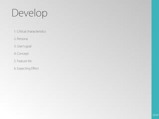 Develop
1. Critical characteristics
2. Persona
3. User’s goal
4. Concept
5. Feature list
6. Expecting Effect

16/28

 