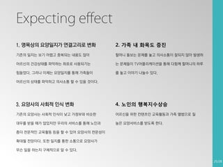 Expecting effect
1. 명목상의 요양일지가 연결고리로 변화

2. 가족 내 화목도 증진

기존의 일지는 보기 어렵고 중복되는 내용도 많아

할머니 돌보는 문제를 놓고 의사소통이 잘되지 않아 발생하

어르신의 건강상태를 파악하는 좌표로 사용되기는

는 문제들이 TV어플리케이션을 통해 다함께 할머니의 하루

힘들었다. 그러나 이제는 요양일지를 통해 가족들이

를 놓고 이야기 나눌수 있다.

어르신의 상태를 파악하고 의사소통 할 수 있을 것이다.

3. 요양사의 사회적 인식 변화

4. 노인의 행복지수상승

기존의 요양사는 사회적 인식이 낮고 가정부와 비슷한

어르신을 위한 컨텐츠인 교육활동과 가족 앨범으로 질

대우를 받을 때가 많았지만 우리의 서비스를 통해 노인과

높은 요양서비스를 받도록 한다.

좀더 전문적인 교육활동 등을 할 수 있어 요양사의 전문성이
확대될 전망이다. 또한 일지를 통한 소통으로 요양사가
무슨 일을 하는지 구체적으로 알 수 있다.
25/28

 