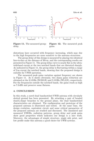 632 Liu et al.
Figure 11. The measured group-
delay.
Figure 12. The measured peak
gains.
distortions have occurred with frequency increasing, which may due
to the high frequencies are more sensitive to the antenna structures.
The group delay of this design is measured by placing two identical
face-to-face at the distance of 30 cm, and the corresponding results are
presented in Figure 11. The group delay curve is nearly ﬂat in the ultra-
wideband except at the two notched bands that are distorted sharply.
As indicated in Figure 11, the group delay is ﬂuctuating within a range
of 2 ns except the notched bands, showing that the proposed design is
suitable for UWB operation.
The measured peak gains variation against frequency are shown
in Figure 11. As it shows obviously, two sharp gains reduction are
obtained at the 3.5 GHz (WiMAX) and 5.5 GHz (WLAN), respectively.
For the frequencies outside the notched bands, the gains reach as high
as 7.3 dBi and preserve some ﬂatness.
4. CONCLUSION
In this study, a novel dual bandnotched UWB antenna with circularly
slotted ground has been presented. By attaching a pair of bended
dual-L-shape branches to the ground plane, the dual bandnotched
characteristics are obtained. The conﬁguration and prototype of the
proposed antenna is illustrated and tested. At the same time, the
design evolution, equivalent circuit and some critical parameters of
the proposed antenna are studied and discussed. The simulated and
measured VSWRs, radiation patterns, group delay and peak gains
show good properties which indicates our design is a nice work.
Moreover, the advantages of simple structure, single side print, and
low proﬁle make this antenna a good choice for UWB systems.
 