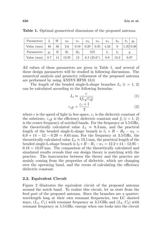 626 Liu et al.
Table 1. Optimal geometrical dimensions of the proposed antenna.
Parameters L W w0 w1 w2 w3 w4 h0 h1 g0
Value (mm) 40 30 2.6 0.18 0.29 0.35 4.32 6 1.35 0.38
Parameters g1 R R1 R2 l(θ) l1 l2 g
Value (mm) 0.7 14 12.95 12 6.3 (25.6◦
) 6.9 12.2 0.87
All values of these parameters are given in Table 1, and several of
these design parameters will be studied in following discussions. The
numerical analysis and geometry reﬁnement of the proposed antenna
are performed by using ANSYS HFSS 13.0.
The length of the bended single-L-shape branches Li (i = 1, 2)
can be calculated according to the following formulas:
Li ≈
c
4fi
√
εeﬀ
(1)
εeﬀ =
εr + 1
2
(2)
where c is the speed of light in free space, εr is the dielectric constant of
the substrate, εeﬀ is the eﬃciency dielectric constant and fi (i = 1, 2)
is the center frequency of notched bands. For the frequency at 5.5 GHz,
the theoretically calculated value L1 ≈ 8.3 mm, and the practical
length of the bended single-L-shape branch is l1 + R − R2 − w2 =
6.9 + 14 − 12 − 0.29 = 8.61 mm; For the frequency at 3.5 GHz, the
theoretically calculated value L2 ≈ 13.1 mm, the practical length of the
bended single-L-shape branch is l2 +R−R1 −w1 = 12.2+14−12.95−
0.18 = 13.07 mm. The comparison of the theoretically calculated and
simulated results reveals that our design theory is matching with the
practice. The inaccuracies between the theory and the practice are
mainly coming from the properties of dielectric, which are changing
over the operating band, and the errors of calculating the eﬃciency
dielectric constant.
2.2. Equivalent Circuit
Figure 2 illustrates the equivalent circuit of the proposed antenna
around the notch band. To realize this circuit, let us start from the
feed port of the proposed antenna. Since the branches are a quarter-
wavelength long at their own resonant frequencies, two LC shorted
ways, (L1, C1) with resonant frequency at 3.5 GHz and (L2, C2) with
resonant frequency at 5.5 GHz, emerge when one looks into the circuit
 