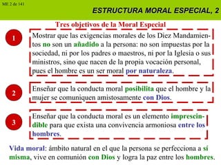 ESTRUCTURA MORAL ESPECIAL, 2ESTRUCTURA MORAL ESPECIAL, 2
Tres objetivos de la Moral Especial
1 Mostrar que las exigencias morales de los Diez Mandamien-
tos no son un añadido a la persona: no son impuestas por la
sociedad, ni por los padres o maestros, ni por la Iglesia o sus
ministros, sino que nacen de la propia vocación personal,
pues el hombre es un ser moral por naturaleza.
2
3
Enseñar que la conducta moral posibilita que el hombre y la
mujer se comuniquen amistosamente con Dios.
Enseñar que la conducta moral es un elemento imprescin-
dible para que exista una convivencia armoniosa entre los
hombres.
Vida moral: ámbito natural en el que la persona se perfecciona a sí
misma, vive en comunión con Dios y logra la paz entre los hombres.
ME 2 de 141
 