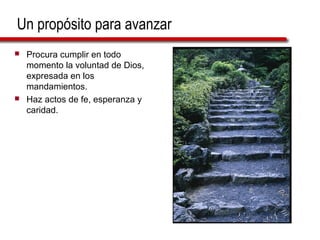 Un propósito para avanzar
 Procura cumplir en todo
momento la voluntad de Dios,
expresada en los
mandamientos.
 Haz actos de fe, esperanza y
caridad.
 