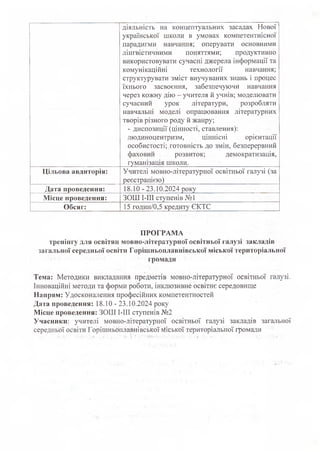 діяльність на концептуальних засадах Нової
української школи в умовах комгіетентнісної
парадигми навчання; оперувати основними
лінгвістичними поняттями; продуктивно
використовувати сучасні джерела інформації та
комунікаційні технології навчання;
структурувати зміст виучуваних знань і процес
їхнього засвоєння, забезпечуючи навчання
через кожну дію - учителя й учнів; моделювати
сучасний урок літератури, розробляти
навчальні моделі опрацювання літературних
творів різного роду й жанру;
- диспозиції (цінності, ставлення):
людиноцентризм, ціннісні орієнтації
особистості; готовність до змін, безперервний
фаховий розвиток; демократизація,
гуманізація школи.
Цільова авдиторія: Учителі мовно-літературної освітньої галузі (за
реєстрацією)
Дата проведення: 18.10 - 23.10.2024 року
Місце проведення: ЗОШ І-ІІІ ступенів № І
Обсяг: 15 годин/0,5 кредиту ЄКТС
ПРОГРАМА
тренінгу для освітян мовно-літературної освітньої галузі закладів
загальної середньої освіти Горішньоплавнівської міської територіальної
громади
Тема: Методики викладання предметів мовно-літературної освітньої галузі.
Інноваційні методи та форми роботи, інклюзивне освітнє середовище
Напрям: Удосконалення професійних компетентностей
Дата проведення: 18.10 - 23.10.2024 року
Місце проведення: ЗОШ І-ІІІ ступенів №2
Учасники: учителі мовно-літературної освітньої галузі закладів загальної
середньої освіти Горішньоплавнівської міської територіальної громади
 