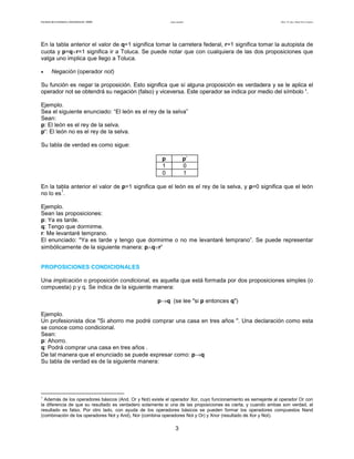 Facultad de Contaduría y Administración. UNAM Lógica matemática Autor: Dr. José Manuel Becerra Espinosa
3
En la tabla anterior el valor de q=1 significa tomar la carretera federal, r=1 significa tomar la autopista de
cuota y p=q∨r=1 significa ir a Toluca. Se puede notar que con cualquiera de las dos proposiciones que
valga uno implica que llego a Toluca.
• Negación (operador not)
Su función es negar la proposición. Esto significa que sí alguna proposición es verdadera y se le aplica el
operador not se obtendrá su negación (falso) y viceversa. Este operador se indica por medio del símbolo ’.
Ejemplo.
Sea el siguiente enunciado: “El león es el rey de la selva”
Sean:
p: El león es el rey de la selva.
p’: El león no es el rey de la selva.
Su tabla de verdad es como sigue:
p p’
1 0
0 1
En la tabla anterior el valor de p=1 significa que el león es el rey de la selva, y p=0 significa que el león
no lo es
1
.
Ejemplo.
Sean las proposiciones:
p: Ya es tarde.
q: Tengo que dormirme.
r: Me levantaré temprano.
El enunciado: "Ya es tarde y tengo que dormirme o no me levantaré temprano”. Se puede representar
simbólicamente de la siguiente manera: p∧q∨r’
PROPOSICIONES CONDICIONALES
Una implicación o proposición condicional, es aquella que está formada por dos proposiciones simples (o
compuesta) p y q. Se indica de la siguiente manera:
p→q (se lee "si p entonces q")
Ejemplo.
Un profesionista dice "Si ahorro me podré comprar una casa en tres años ". Una declaración como esta
se conoce como condicional.
Sean:
p: Ahorro.
q: Podrá comprar una casa en tres años .
De tal manera que el enunciado se puede expresar como: p→q
Su tabla de verdad es de la siguiente manera:
1
Además de los operadores básicos (And, Or y Not) existe el operador Xor, cuyo funcionamiento es semejante al operador Or con
la diferencia de que su resultado es verdadero solamente si una de las proposiciones es cierta, y cuando ambas son verdad, el
resultado es falso. Por otro lado, con ayuda de los operadores básicos se pueden formar los operadores compuestos Nand
(combinación de los operadores Not y And), Nor (combina operadores Not y Or) y Xnor (resultado de Xor y Not).
 
