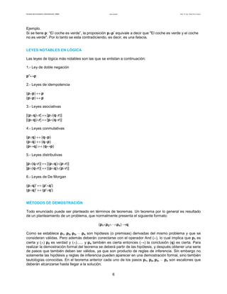 Facultad de Contaduría y Administración. UNAM Lógica matemática Autor: Dr. José Manuel Becerra Espinosa
6
Ejemplo.
Si se tiene p: “El coche es verde”, la proposición p∧p’ equivale a decir que "El coche es verde y el coche
no es verde". Por lo tanto se esta contradiciendo, es decir, es una falacia.
LEYES NOTABLES EN LÓGICA
Las leyes de lógica más notables son las que se enlistan a continuación:
1.- Ley de doble negación
p''↔p
2.- Leyes de idempotencia
(p∨p) ↔ p
(p∧p) ↔ p
3.- Leyes asociativas
[(p∨q)∨r] ↔ [p∨(q∨r)]
[(p∧q)∧r] ↔ [p∧(q∧r)]
4.- Leyes conmutativas
(p∨q) ↔ (q∨p)
(p∧q) ↔ (q∧p)
(p↔q) ↔ (q↔p)
5.- Leyes distributivas
[p∨(q∧r)] ↔ [(p∨q)∧(p∨r)]
[p∧(q∨r)] ↔ [(p∧q)∨(p∧r)]
6.- Leyes de De Morgan
(p∨q)' ↔ (p'∧q')
(p∧q)' ↔ (p'∨q')
MÉTODOS DE DEMOSTRACIÓN
Todo enunciado puede ser planteado en términos de teoremas. Un teorema por lo general es resultado
de un planteamiento de un problema, que normalmente presenta el siguiente formato:
(p1∧p2∧⋅⋅⋅∧pn) →q
Como se establece p1, p2, p3, ⋅⋅⋅ pn son hipótesis (o premisas) derivadas del mismo problema y que se
consideran válidas. Pero además deberán conectarse con el operador And (∧), lo cual implica que p1 es
cierta y (∧) p2 es verdad y (∧)...... y pn también es cierta entonces (→) la conclusión (q) es cierta. Para
realizar la demostración formal del teorema se deberá partir de las hipótesis, y después obtener una serie
de pasos que también deben ser válidos, ya que son producto de reglas de inferencia. Sin embargo no
solamente las hipótesis y reglas de inferencia pueden aparecer en una demostración formal, sino también
tautologías conocidas. En el teorema anterior cada uno de los pasos p1, p2, p3, ⋅⋅⋅ pn son escalones que
deberán alcanzarse hasta llegar a la solución.
 