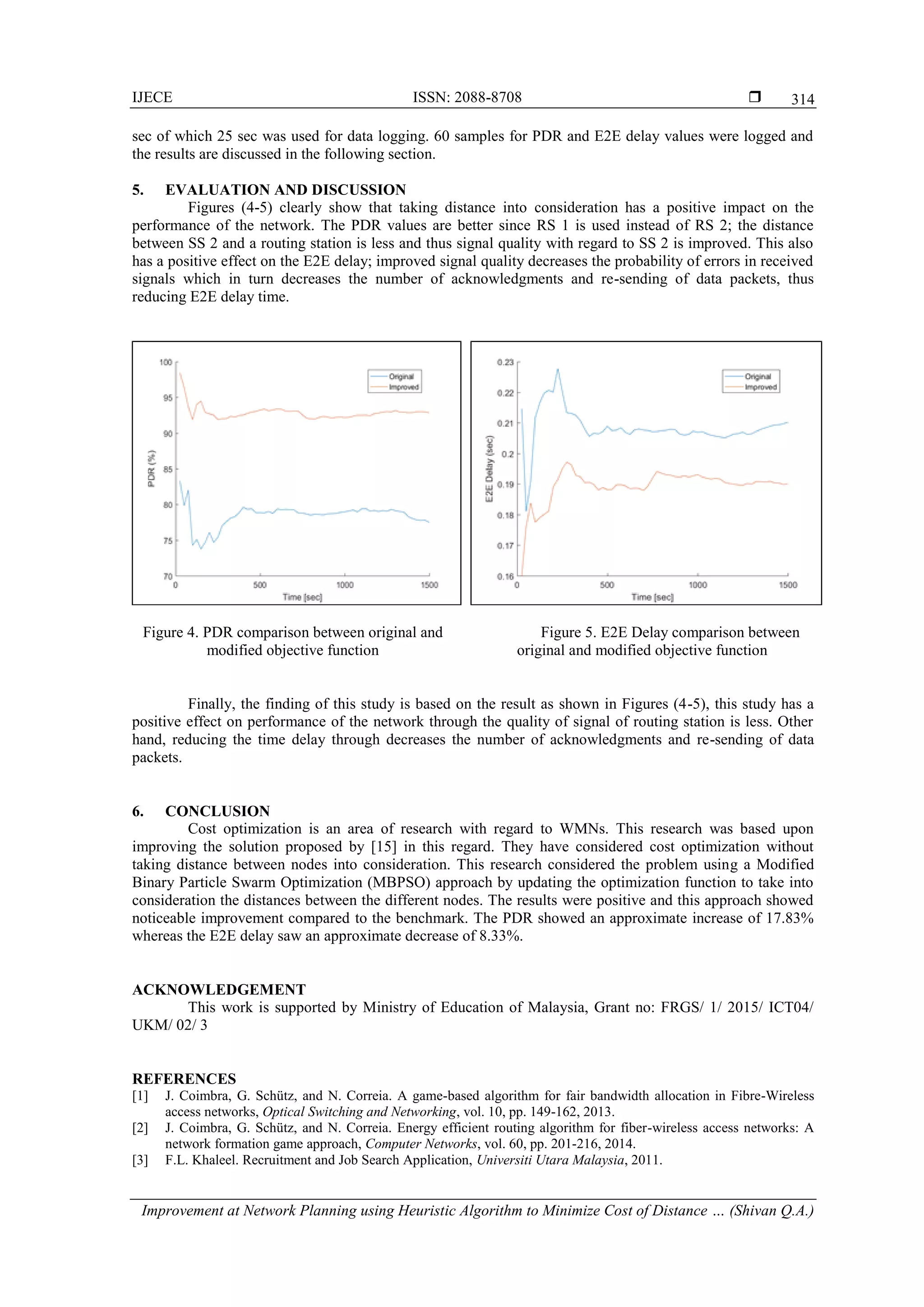 IJECE ISSN: 2088-8708  Improvement at Network Planning using Heuristic Algorithm to Minimize Cost of Distance … (Shivan Q.A.) 314 sec of which 25 sec was used for data logging. 60 samples for PDR and E2E delay values were logged and the results are discussed in the following section. 5. EVALUATION AND DISCUSSION Figures (4-5) clearly show that taking distance into consideration has a positive impact on the performance of the network. The PDR values are better since RS 1 is used instead of RS 2; the distance between SS 2 and a routing station is less and thus signal quality with regard to SS 2 is improved. This also has a positive effect on the E2E delay; improved signal quality decreases the probability of errors in received signals which in turn decreases the number of acknowledgments and re-sending of data packets, thus reducing E2E delay time. Figure 4. PDR comparison between original and modified objective function Figure 5. E2E Delay comparison between original and modified objective function Finally, the finding of this study is based on the result as shown in Figures (4-5), this study has a positive effect on performance of the network through the quality of signal of routing station is less. Other hand, reducing the time delay through decreases the number of acknowledgments and re-sending of data packets. 6. CONCLUSION Cost optimization is an area of research with regard to WMNs. This research was based upon improving the solution proposed by [15] in this regard. They have considered cost optimization without taking distance between nodes into consideration. This research considered the problem using a Modified Binary Particle Swarm Optimization (MBPSO) approach by updating the optimization function to take into consideration the distances between the different nodes. The results were positive and this approach showed noticeable improvement compared to the benchmark. The PDR showed an approximate increase of 17.83% whereas the E2E delay saw an approximate decrease of 8.33%. ACKNOWLEDGEMENT This work is supported by Ministry of Education of Malaysia, Grant no: FRGS/ 1/ 2015/ ICT04/ UKM/ 02/ 3 REFERENCES [1] J. Coimbra, G. Schütz, and N. Correia. A game-based algorithm for fair bandwidth allocation in Fibre-Wireless access networks, Optical Switching and Networking, vol. 10, pp. 149-162, 2013. [2] J. Coimbra, G. Schütz, and N. Correia. Energy efficient routing algorithm for fiber-wireless access networks: A network formation game approach, Computer Networks, vol. 60, pp. 201-216, 2014. [3] F.L. Khaleel. Recruitment and Job Search Application, Universiti Utara Malaysia, 2011. 