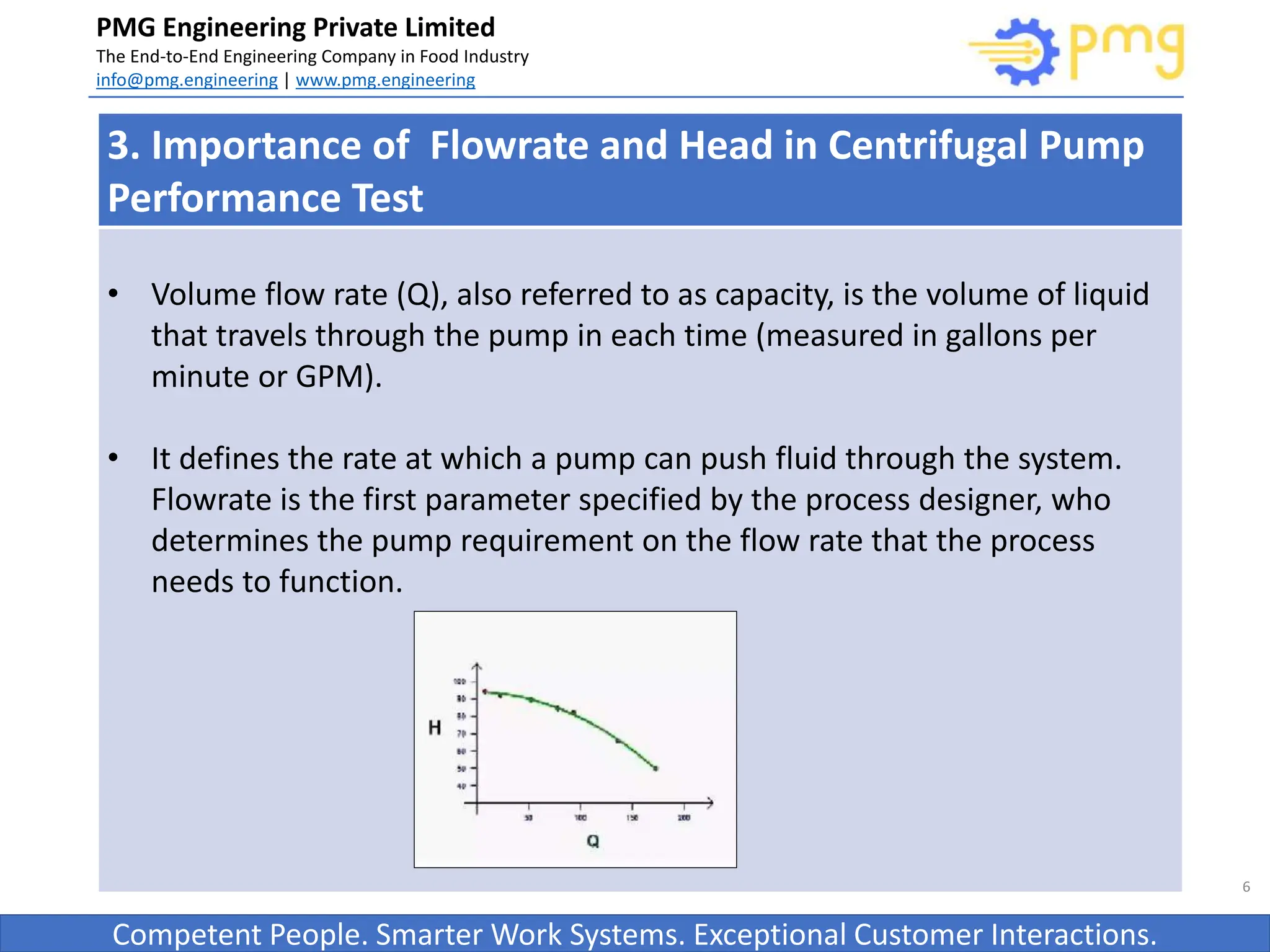 Build World Class Food factories
PMG Engineering Private Limited
The End-to-End Engineering Company in Food Industry
info@pmg.engineering | www.pmg.engineering
Competent People. Smarter Work Systems. Exceptional Customer Interactions.
6
3. Importance of Flowrate and Head in Centrifugal Pump
Performance Test
• Volume flow rate (Q), also referred to as capacity, is the volume of liquid
that travels through the pump in each time (measured in gallons per
minute or GPM).
• It defines the rate at which a pump can push fluid through the system.
Flowrate is the first parameter specified by the process designer, who
determines the pump requirement on the flow rate that the process
needs to function.
 