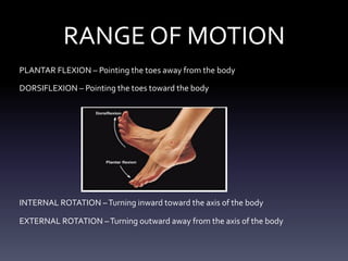 RANGE OF MOTION
PLANTAR FLEXION – Pointing the toes away from the body
DORSIFLEXION – Pointing the toes toward the body
INTERNAL ROTATION –Turning inward toward the axis of the body
EXTERNAL ROTATION –Turning outward away from the axis of the body
 
