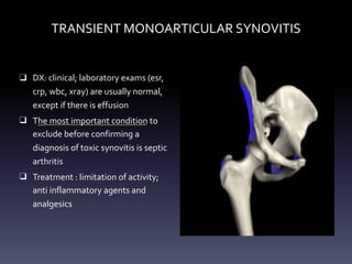 TRANSIENT MONOARTICULAR SYNOVITIS
❑ DX: clinical; laboratory exams (esr,
crp, wbc, xray) are usually normal,
except if there is effusion
❑ The most important condition to
exclude before confirming a
diagnosis of toxic synovitis is septic
arthritis
❑ Treatment : limitation of activity;
anti inflammatory agents and
analgesics
- -
 