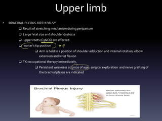 Upper limb
• BRACHIAL PLEXUS BIRTH PALSY
❑ Result of stretching mechanism during peripartum
❑ Large fetal size and shoulder dystocia
❑ upper roots (C5&C6) are affected
❑ waiter’s tip position
❑ Arm is held in a position of shoulder adduction and internal rotation, elbow
extension and wrist flexion
❑ TX: occupational therapy immediately,
❑ Persistent weakness at 5mos of age : surgical exploration and nerve grafting of
the brachial plexus are indicated
c -ng
O
 