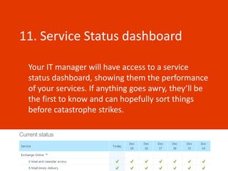 11. Service Status dashboard

 Your IT manager will have access to a service
 status dashboard, showing them the performance
 of your services. If anything goes awry, they’ll be
 the first to know and can hopefully sort things
 before catastrophe strikes.
 