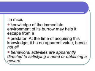 In mice,
knowledge of the immediate
environment of its burrow may help it
escape from a
predator. At the time of acquiring this
knowledge, it ha no apparent value, hence
not all
behavioral activities are apparently
directed to satisfying a need or obtaining a
reward
 