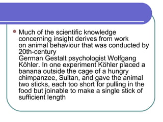 Much of the scientific knowledge
concerning insight derives from work
on animal behaviour that was conducted by
20th-century
German Gestalt psychologist Wolfgang
Köhler. In one experiment Köhler placed a
banana outside the cage of a hungry
chimpanzee, Sultan, and gave the animal
two sticks, each too short for pulling in the
food but joinable to make a single stick of
sufficient length
 