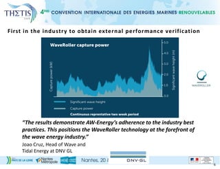 6
First in the industry to obtain external performance verification
“The results demonstrate AW-Energy’s adherence to the industry best
practices. This positions the WaveRoller technology at the forefront of
the wave energy industry.”
Joao Cruz, Head of Wave and
Tidal Energy at DNV GL
 
