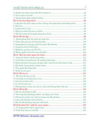 36 KÕ nh©n hoµ (Phêìn 2)                                                                                                                        2

2. Ngûúâi nhaä nhùån chûa chùæc àaä laâ quên tûã .......................................................................72
3. Tûâ caái nhoã toã caái lúán .............................................................................................................74
4. Thuêåt thêm nhêåp nghõch hûúáng .......................................................................................78
Kïë 19. kïë nùæm àùçng chuöi .......................................................................................................82
1.Cûúáp àao thò phaãi cûúáp caán àao, khöëng chïë ngûúâi phaãi nùæm àaâng chuöi. ................83
2. Bùæn leán ....................................................................................................................................84
3. Löå àuöi höì ly tinh..................................................................................................................86
4. Khöng coá chuöi thò taåo ra chuöi .........................................................................................89
5. Thöí löå bñ mêåt têët bõ ngûúâi duâng laâm chuöi......................................................................92
Kïë 20. Kïë che àêåy ......................................................................................................................96
1 . Dûúng àöng kñch têy giêëu kyä tung tñch ..........................................................................96
2. Chên chên giaã giaã, hû hû thûåc thûåc .................................................................................99
3. Duâng àöång taác giaã gêy nhiïîu thõ giaác àöëi phûúng ...................................................... 103
4. Tung hoãa muâ hû nhû thûåc ............................................................................................... 105
5. Mûúâi hai quyã àaåo cuãa Tön Tûã ......................................................................................... 107
6. Khiïën ngûúâi ta boã tiïìn mua àau khöí ............................................................................. 110
Kïë 21. Maâi cho mïìm ngêm cho nhuän ................................................................................ 114
1 . Loâng chñ thaânh sùæt àaá cuäng mïìm .................................................................................. 114
2. Lônh àûúåc trong tiïëp xuác vúái ngûúâi laå khaác giúái .......................................................... 116
3. Àõnh luêåt khoa hoåc quan hïå giao tiïëp: viïåc töët nïn khai thaác töëi àa ..................... 121
4. Haâi hûúác, thang thuöëc nhuêån traâng . ............................................................................ 123
5. Tim ngûúâi àïìu bùçng thõt................................................................................................... 125
6. Trûúác laå sau quen .............................................................................................................. 128
Kïë 22. Kïë cêu caá ..................................................................................................................... 131
1 . Thaã cêu daâi cêu caá lúán ..................................................................................................... 131
2. Cêu àûúåc caá röìi phaãi cho caá ùn ....................................................................................... 134
3. Giûä cho caá theâm möìi .......................................................................................................... 136
4. Coá chñ thò laâm nïn ............................................................................................................. 138
5. Thûúâng thûác cú baãn cuãa cêu caá: thêëy möìi khöng thêëy lûúâi cêu............................... 139
Kïë 23. Kïë haå àaâi ..................................................................................................................... 143
1. Àöíi truå sùæt bùçng truå àêët ................................................................................................... 143
2. Têën cöng hêåu phûúng keã àõch, vêy Nguåy cûáu Triïåu .................................................. 145
3. Phong toãa tû baãn saãn sinh cao ngaåo cuãa àöëi phûúng................................................. 148
4. Laâm mêët thïí diïån tûác haå àaâi hoå ..................................................................................... 151
5. Döåi cho àöëi phûúng möåt gaáo nûúác laånh ......................................................................... 153
Kïë 24 kïë phaãn höìi ( nghô laåi, quay ngûúåc ) ....................................................................... 155
1 . Cöë chêëp giûä lúâi hûáa laâ ngu trung . ................................................................................ 155
2. Trûúác àaáp ûáng sau sûãa àöíi ............................................................................................... 158


HTTP://Ebooks.vdcmedia.com
 