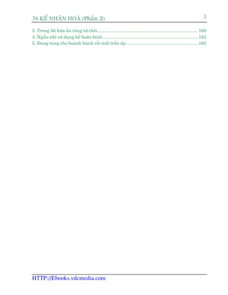 36 KÕ nh©n hoµ (Phêìn 2)                                                                                                         3

3. Trong lúâi hûáa êín taâng tûâ chöëi.......................................................................................... 160
4. Ngêîu nhô sûã duång kïë hoaän binh ..................................................................................... 163
5. Dung tuáng cho hoaânh haânh röìi múái trêën aáp ................................................................ 165




HTTP://Ebooks.vdcmedia.com
 