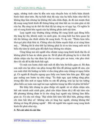 36 KÕ nh©n hoµ (Phêìn 2)                                                             74

ngaây, nhûäng tònh caãm bõ döìn neán naây chuyïín hoáa vaâ biïíu hiïån thaânh
hònh thaái nhû trïn. Hoå tûå biïët thaái àöå naây cuãa hoå biïíu hiïån nhû thïë laâ
khöng àeåp lùæm nhûng laåi khöng thïí sûãa chûäa àûúåc, do àoá maâ mûúån thaái
àöå cung cung kñnh kñnh àïí thùng bùçng nöåi têm bêët an vaâ caãm giaác coá töåi
cuãa hoå. Hoå caâng tûå ûác thïë thò thaái àöå laåi caâng ra veã quåy luåy. Coá nghôa laâ
caái veã cung kñnh bïn ngoaâi cuãa hoå khöng phaãn aánh nöåi têm.
       Loaåi ngûúâi naây thûúâng duâng nhûäng lúâi cung kñnh quaá àaáng biïíu
thõ loâng kyâ thõ, khinh miïåt vaâ caãnh giaác. Ai cuäng biïët hai bïn quan hïå
töët thò khöng cêìn thiïët nhiïìu lúâi cung kñnh. Vñ duå noái: "Thiïn kim tiïíu
thû quñ phuã thêåt khaã aái. Chöìng nhaâ chõ khoãe maånh thêåt ai ai cuäng hêm
möå... " Nhûäng lúâi leä nhû thïë laåi khöng phaãi laâ toã ra tön troång anh maâ laâ
biïíu thõ têm lyá caãnh giaác àöëi àõch hay khöng tñn nhiïåm.
       Cöng bùçng maâ noái ngûúâi nhu nhûúåc cung cung kñnh kñnh àaåi àa söë
khöng phaãi laâ boån aác nhên gian taâ. Súã dô phaãi àïì phoâng hoå laâ vò thaái àöå
nhuän nhùån cuãa hoå vûâa àem laåi cho ta caãm giaác an toaân, vûâa pha chuát
àen töëi rêët dïî bõ àöåt kñch bêët ngúâ.
       Coá möåt con hûúu chöåt möåt mùæt ài àïën bïn búâ biïín gùåm coã. Noá àûa
con mùæt coân laåi nhòn vaâo phña trong àêët liïìn àïì phoâng ngûúâi ài sùn, coân
con mùæt chöåt thò hûúáng ra biïín vò cho rùçng phña naây chùèng coá nguy hiïím
gò. Coá ngûúâi ài thuyïìn ngang qua thêëy con hûúu beân bùæn guåc. Khi ngaä
guåc xuöëng con hûúu tûå nhuã rùçng: "Ta thêåt ngu quaá tûúãng rùçng phña
trong àêët liïìn múái coá nguy hiïím ra sûác àïì phoâng, traái laåi laåi tin tûúãng
phña biïín an toaân naâo ngúâ tai naån nghiïm troång laåi àïën tûâ phña búâ biïín!"
       Àuã thêëy khi chuáng ta giao thiïåp vúái ngûúâi coá veã nhuän nhùån nïn
hïët sûác traánh mêët caãnh giaác, phaãi cêín thêån thùm doâ yá àöì nöåi têm cuãa
àöëi phûúng khöng àûúåc lú laâ cho rùçng loaåi ngûúâi naây khöng laâm àiïìu
gian aác. Coá cêu noái rùçng: "Haåi nhên khi têm bêët khaã hûäu, phoâng nhên
chi têm bêët khaã vö" (khöng nïn coá loâng haåi ngûúâi, nhûng khöng thïí
khöng coá loâng àïì phoâng ngûúâi" . Àöëi vúái ngûúâi bïn ngoaâi cung cung kñnh
kñnh thò phaãi nhû vêåy.
3. Tûâ caái nhoã toã caái lúán



HTTP://Ebooks.vdcmedia.com
 