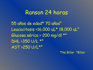 Ranson 24 horas 55 años de edad* 70 años° Leucocitosis >16,000 uL* 18,000 uL° Glucosa sérica > 200 mg/dl *° DHL >350 U/L *° AST >250 U/L*° *No Biliar  °Biliar 