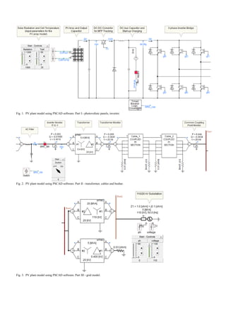 Fig. 1. PV plant model using PSCAD software. Part I - photovoltaic panels, inverter.
Fig. 2. PV plant model using PSCAD software. Part II - transformer, cables and busbar.
Fig. 3. PV plant model using PSCAD software. Part III - grid model.
 