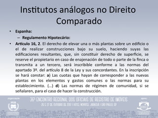 Ins>tutos	análogos	no	Direito	
Comparado	
•  Espanha:	
–  Regulamento	Hipotecário:	
•  ArAculo	16,	2.	El	derecho	de	elevar...