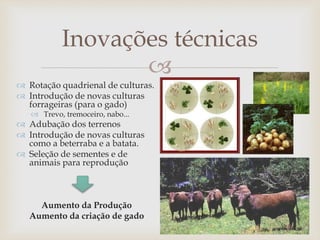 
Inovações técnicas
 Rotação quadrienal de culturas.
 Introdução de novas culturas
forrageiras (para o gado)
 Trevo, tremoceiro, nabo...
 Adubação dos terrenos
 Introdução de novas culturas
como a beterraba e a batata.
 Seleção de sementes e de
animais para reprodução
Aumento da Produção
Aumento da criação de gado
 