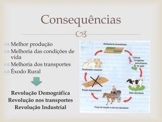 
Consequências
 Melhor produção
 Melhoria das condições de
vida
 Melhoria dos transportes
 Êxodo Rural
Revolução Demográfica
Revolução nos transportes
Revolução Industrial
 