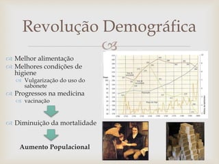 
Revolução Demográfica
 Melhor alimentação
 Melhores condições de
higiene
 Vulgarização do uso do
sabonete
 Progressos na medicina
 vacinação
 Diminuição da mortalidade
Aumento Populacional
 