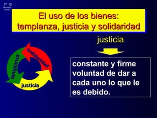 El uso de los bienes: templanza, justicia y solidaridad justicia constante y firme voluntad de dar a cada uno lo que le es debido. templanza justicia solidaridad 