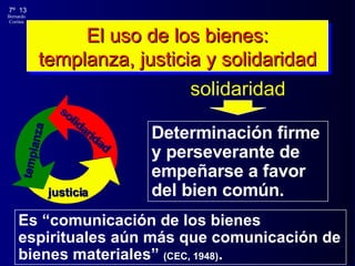El uso de los bienes: templanza, justicia y solidaridad solidaridad Determinación firme y perseverante de empeñarse a favor del bien común.  Es “comunicación de los bienes espirituales aún más que comunicación de bienes materiales”  (CEC, 1948) . templanza justicia solidaridad 